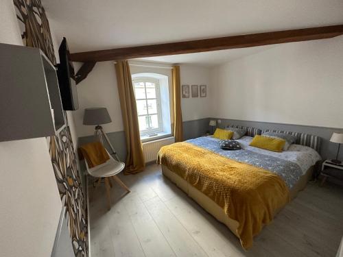 - une chambre avec un grand lit et une couverture jaune dans l'établissement 2 chambres, 4 a 6 voyageurs en centre ville, à 5 mins du zoo, à La Flèche