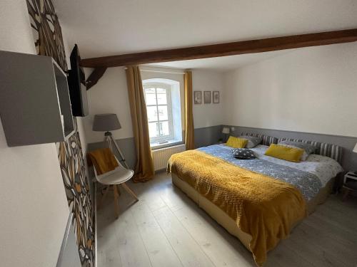 a bedroom with a bed and a television in it at 2 chambres, 4 a 6 voyageurs en centre ville, à 5 mins du zoo in La Flèche