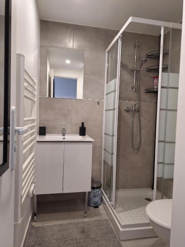 une salle de bain blanche avec un lavabo et une douche dans l'établissement Jolie studio Nice Magnan, à Nice