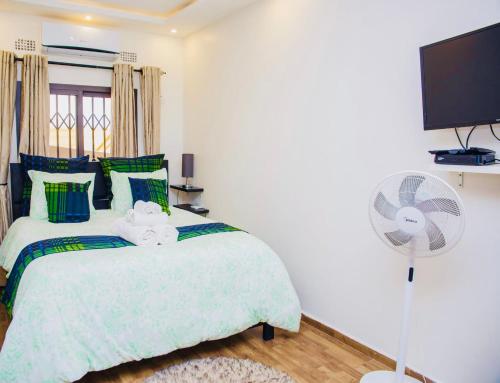 a bedroom with a bed with a fan and a tv at Z Apartment (4bedroom) in Lusaka