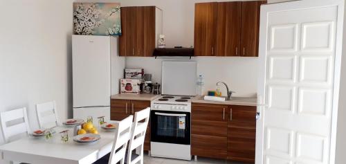 a kitchen with a white refrigerator and a white table at Ammoudaries appartment in Lakkíon