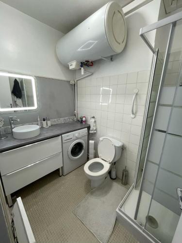 une salle de bain avec toilettes et lavabo et une machine à laver dans l'établissement Studio cosy cours Sextius, à Aix-en-Provence