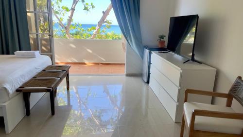 1 dormitorio con 1 cama, TV y ventana en Blue Island Punta Rucia, en Punta Rucia