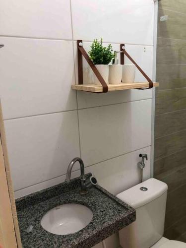 a small bathroom with a toilet and a sink at Apartamento C na vila-alta em Crato in Crato