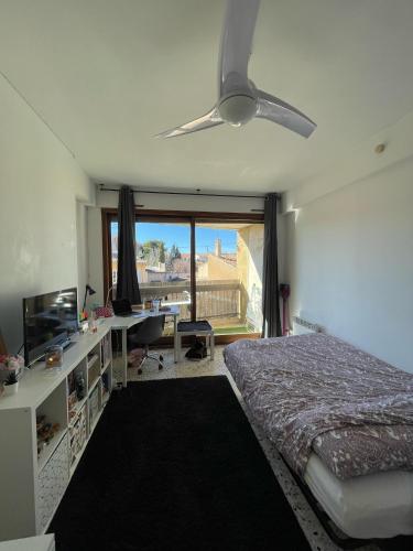une chambre avec un lit, un bureau et une fenêtre dans l'établissement Studio cosy cours Sextius, à Aix-en-Provence