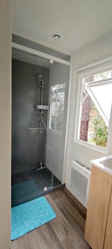 une douche avec une porte vitrée dans une salle de bain dans l'établissement Mobil-home - Camping SIBLU Bonne Anse Plage, aux Mathes