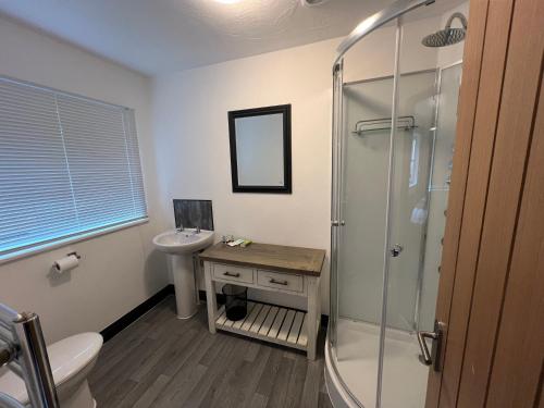 a bathroom with a shower and a sink at Canalside Rooms in Taunton