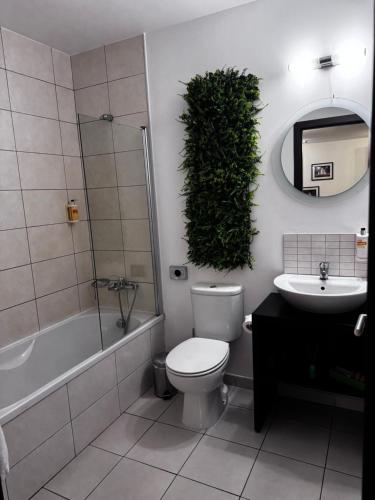 a bathroom with a toilet and a plant on the wall at Melia Dunas Ilha do Sal Apartamentos in Santa Maria