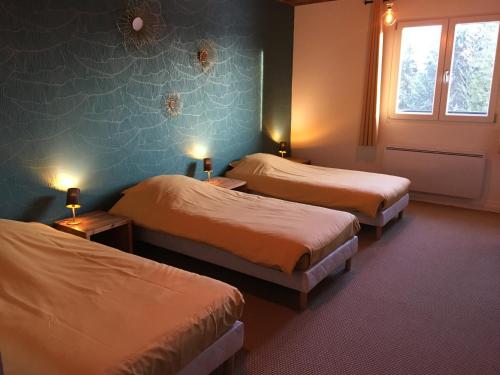 une chambre d'hôtel avec deux lits et une fenêtre dans l'établissement La Fontaine Salée-Home Shanti-Chastreix, à Chastreix