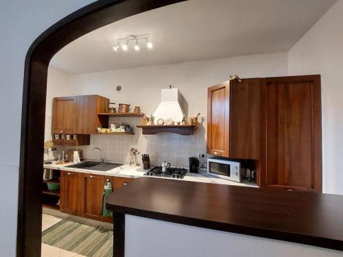 eine Küche mit Holzschränken und einer Arbeitsplatte in der Unterkunft Mandello Panoramico in Mandello del Lario