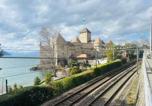 a large castle sitting next to a body of water at Appartement vue lac Montreux in Montreux