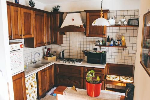 a kitchen with wooden cabinets and a sink at Casa Mira - Ampio, fully equipped e zona tranquilla in Trieste