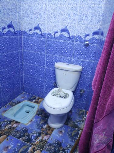 bagno piastrellato blu con servizi igienici e lavandino di Small apartment in Egypt luxor West Bank without Home Home furnishings a ‘Ezbet Abu Ḥabashi