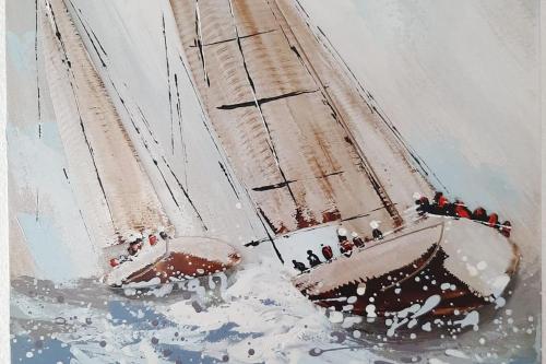 a painting of two boats in the water at Nouveau * Ty Lévenez *pour 2 vacanciers * Parking in Carnac