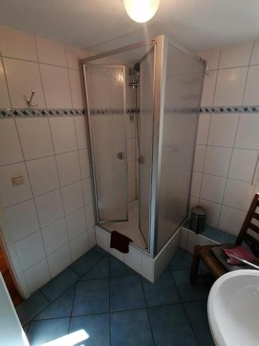 a bathroom with a shower and a sink at Gästehaus Burg Molbach in Kreuzau