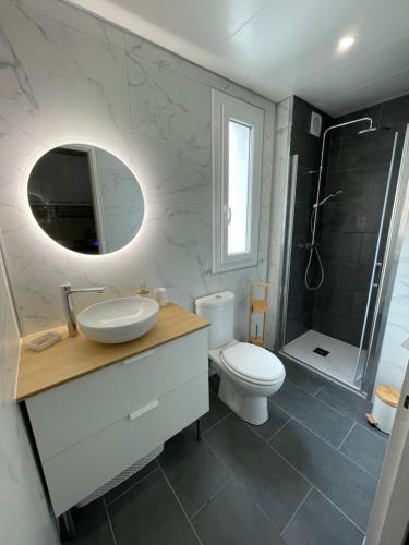 une salle de bain avec un lavabo, des toilettes et une douche dans l'établissement Studio en centre ville à 2min de la mer, à La Grande Motte