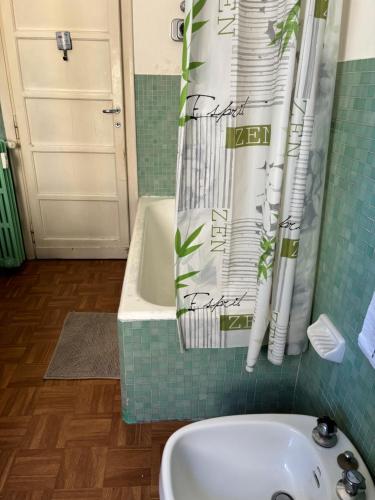 a bathroom with a sink and a shower curtain at Villa Fiorelli rooms in Rome