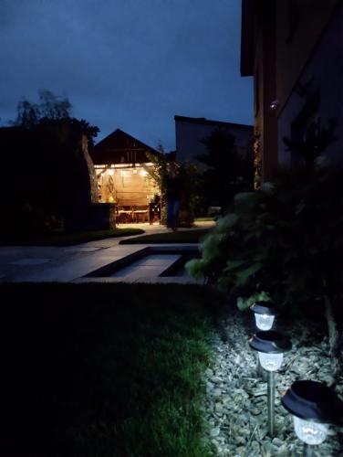 a garden at night with lights on the grass at Barwny Zakątek in Augustów