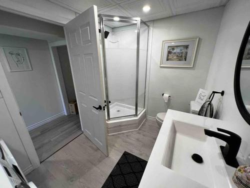 La salle de bains est pourvue d'une douche, de toilettes et d'un lavabo. dans l'établissement Poplar Place by the Lake with Hot Tub, à Fenelon Falls