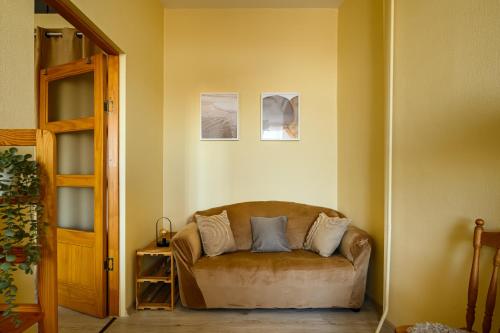 a living room with a brown couch in a room at Center apartment Great Amber in Liepāja