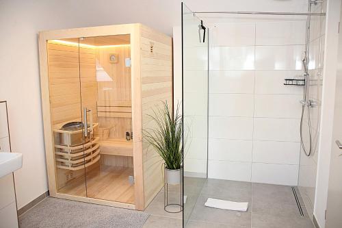 a bathroom with a shower with a glass door at Nibelungen Apartments - Hantalgasse Worms in Worms