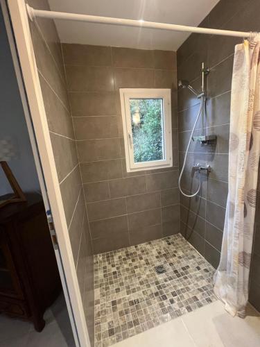 a bathroom with a shower with a window at Cabanon entouré de montagnes et d'oliviers in Nyons