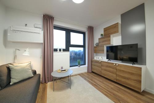 ein Wohnzimmer mit einem Sofa und einem Flachbild-TV in der Unterkunft Apartament Wrocław in Breslau