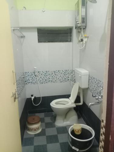a small bathroom with a toilet and a shower at Tharun home stay hampi in Hampi