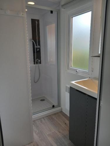 une salle de bain avec une douche et un lavabo et une fenêtre dans l'établissement MOBIL HOME CAMPING LES VIVIERS 4 ETOILEs, à Lège-Cap-Ferret