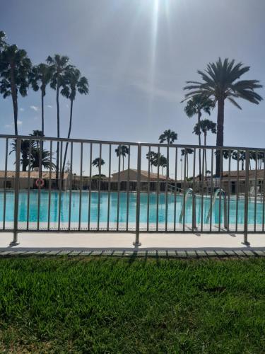 una valla frente a una piscina con palmeras en Bungalow Flamboiano, en Playa del Inglés