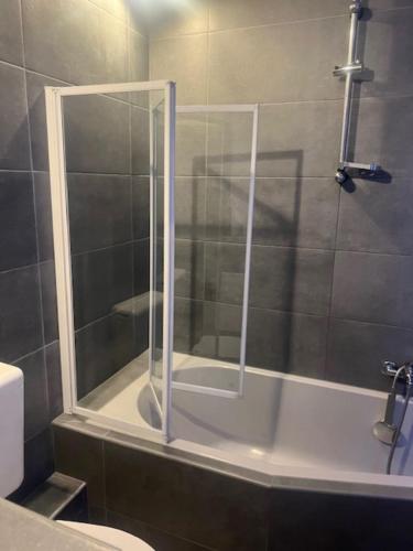 eine Dusche mit Glastür im Bad in der Unterkunft Zum Bahnhof in Zwickau