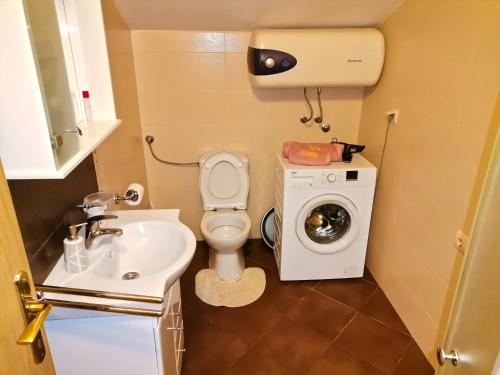 uma pequena casa de banho com WC e máquina de lavar roupa em Apartmani Kenova 5 em Herceg Novi