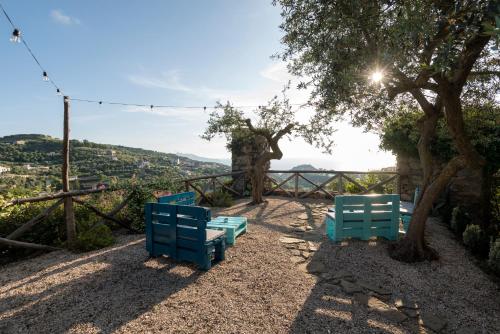 a group of blue chairs sitting under a tree at Villa il Turro in Massa Lubrense