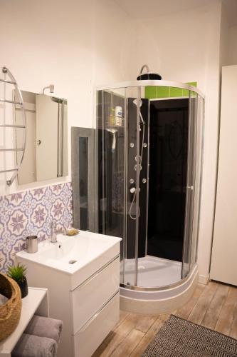 une salle de bain avec douche et lavabo dans l'établissement Loft chaleureux vue directe sur le Beffroi - centre-ville secteur tribunal - nouveau routeur wifi, à Douai