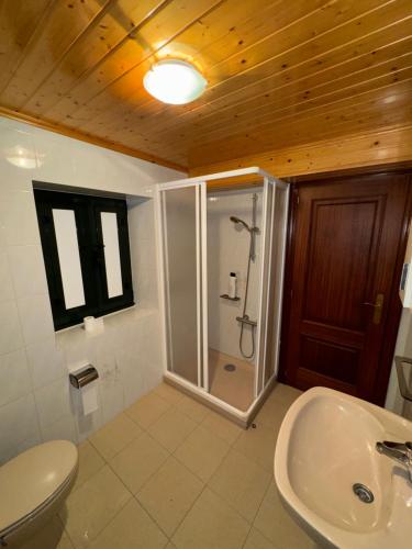 a bathroom with a shower and a toilet and a sink at O Cabaleiro in Santa Marta de Ortigueira