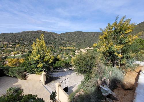 Elle offre une vue sur une vallée avec des arbres et des montagnes. dans l'établissement Rayol Villa Saphir, à Rayol-Canadel-sur-Mer