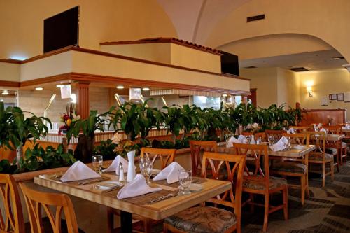 a restaurant with wooden tables and chairs and plants at Holiday Inn La Piedad by IHG in La Piedad Cavadas