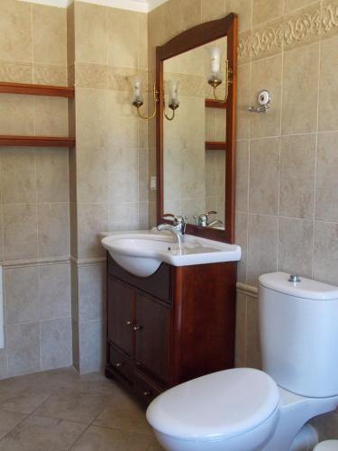 a bathroom with a sink and a toilet and a mirror at Villa Maro in Ágios Stéfanos