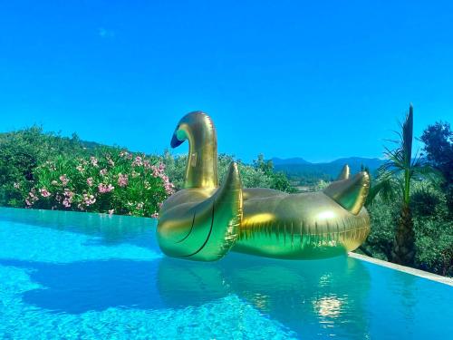 a golden duck in the water in a pool at Les Lodges de Saint Cassien in Montauroux