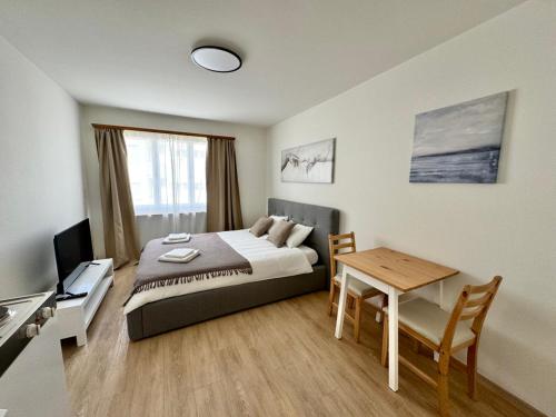 1 dormitorio con cama, escritorio y mesa en Cosy Studio in Zurich City, en Zúrich