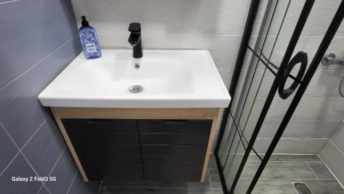 VILLA GANTIADI في باتومي: مغسلة الحمام عليها زجاجة صابون