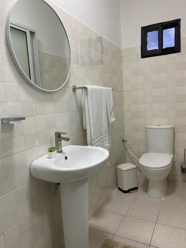 y baño con lavabo, aseo y espejo. en KRONOS APARTMENTS en Paramaribo