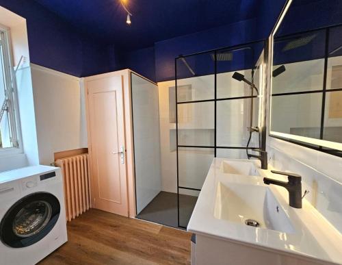 a bathroom with a sink and a washing machine at Chambre lumineuse en coloc in Ploërmel