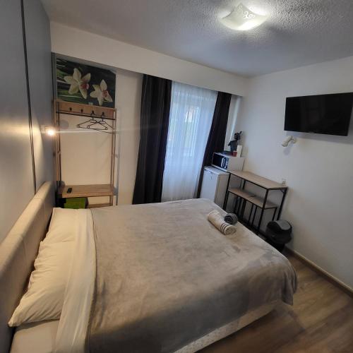 a bedroom with a bed and a flat screen tv at GA location in Mâcon