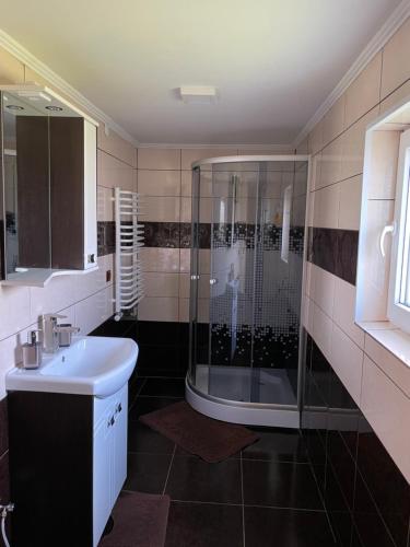 W łazience znajduje się prysznic i umywalka. w obiekcie Azaliya w mieście Łazieszczina