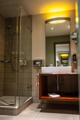 a bathroom with a shower and a sink at Hotel Lamm Baiersbronn Mitteltal in Baiersbronn
