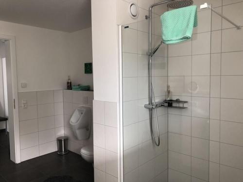 uma casa de banho com um chuveiro e um WC. em Holiday apartment meadow em Sulzburg