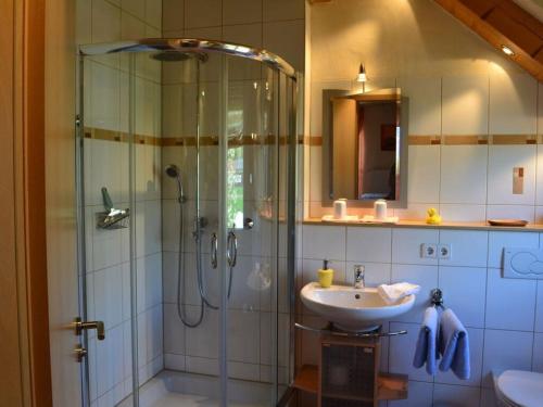 a bathroom with a shower and a sink at Appealing apartment with terrace in Eichstetten
