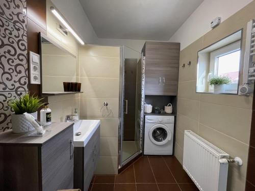 a bathroom with a washing machine and a sink at NOER apartman in Vecsés