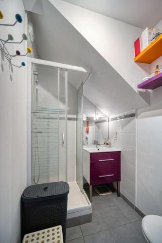 une salle de bain avec une douche en verre et un lavabo dans l'établissement Charmante maison de Lotissement, 6 couchages, à Portes-lès-Valence
